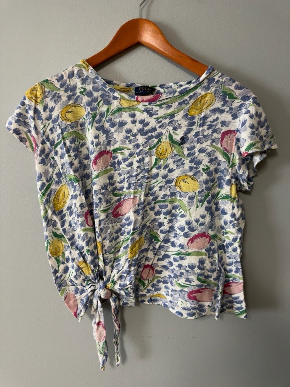 Polo Ralph Lauren Linen Floral Tie Front Top Womens Blue Tulip Short Sleeve XS